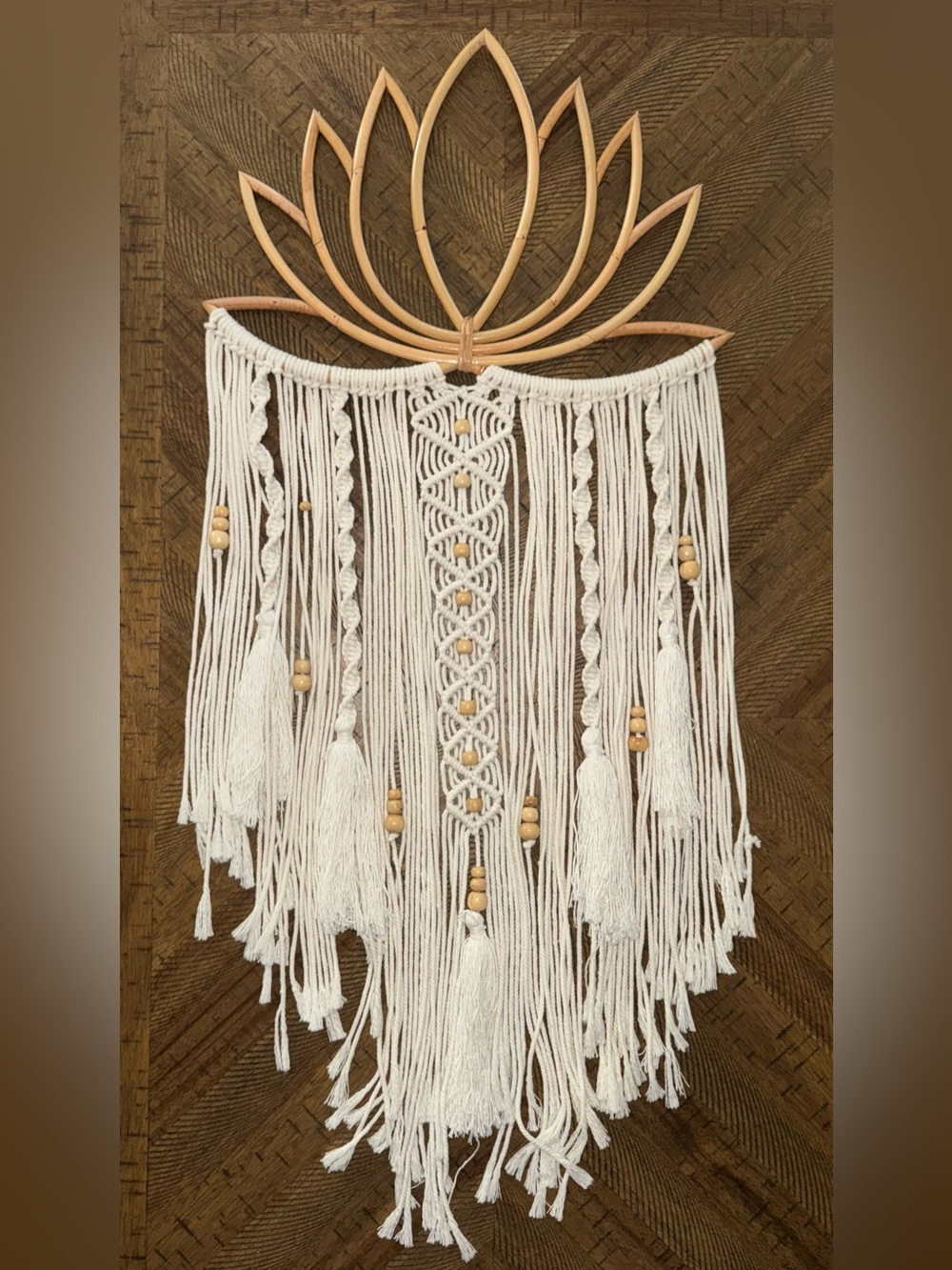 Handcrafted Cream Macramé Wall Hanging with Natural Wood Frame - Picture 6 of 6